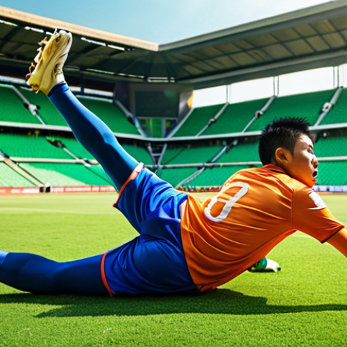 **

"A dynamic football goalkeeper, strong Thai features, diving to save a powerful shot on a vibrant green pitch, bright sunlight, action shot, determined expression, playing for a Thai team, stadium background, realistic style, Thai team jersey, intense game moment."

**