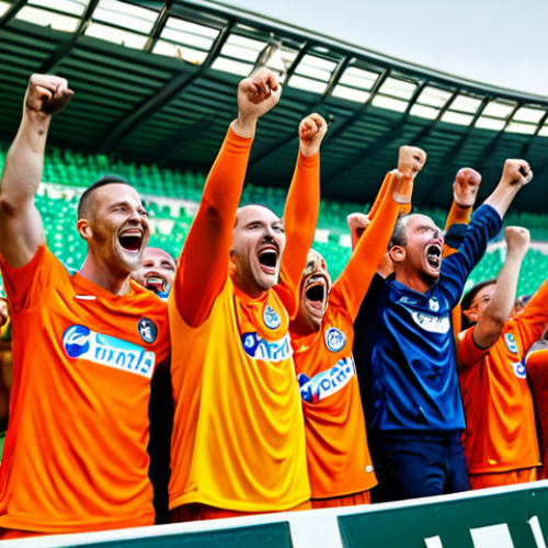 A diverse group of ecstatic adult football fans, fully clothed in vibrant team jerseys, including prominent orange shirts, are celebrating a goal in a brightly lit, packed football stadium. They are jumping, cheering loudly with open mouths, and hugging each other in shared joy. Their arms are raised high in triumph. The background features the blurred green pitch and a vast expanse of stadium stands filled with more cheering spectators, conveying an electric and unified atmosphere. Perfect anatomy, correct proportions, natural pose, well-formed hands, proper finger count, natural body proportions, professional photography, high quality, fully clothed, modest clothing, appropriate attire, family-friendly, safe for work.