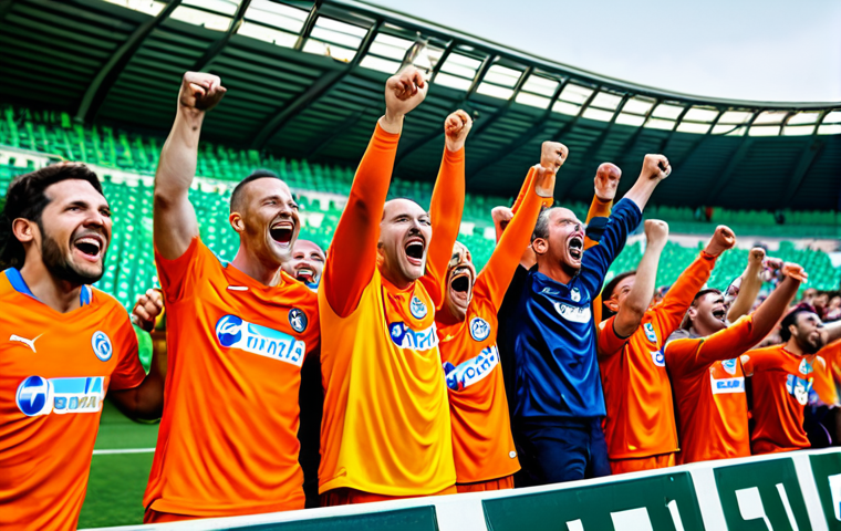 A diverse group of ecstatic adult football fans, fully clothed in vibrant team jerseys, including prominent orange shirts, are celebrating a goal in a brightly lit, packed football stadium. They are jumping, cheering loudly with open mouths, and hugging each other in shared joy. Their arms are raised high in triumph. The background features the blurred green pitch and a vast expanse of stadium stands filled with more cheering spectators, conveying an electric and unified atmosphere. Perfect anatomy, correct proportions, natural pose, well-formed hands, proper finger count, natural body proportions, professional photography, high quality, fully clothed, modest clothing, appropriate attire, family-friendly, safe for work.